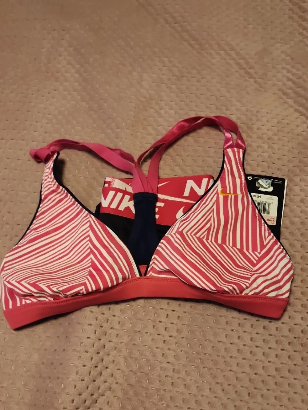 Nike Women’s Pink Patterned Bikini Top with Black Swim Shorts
